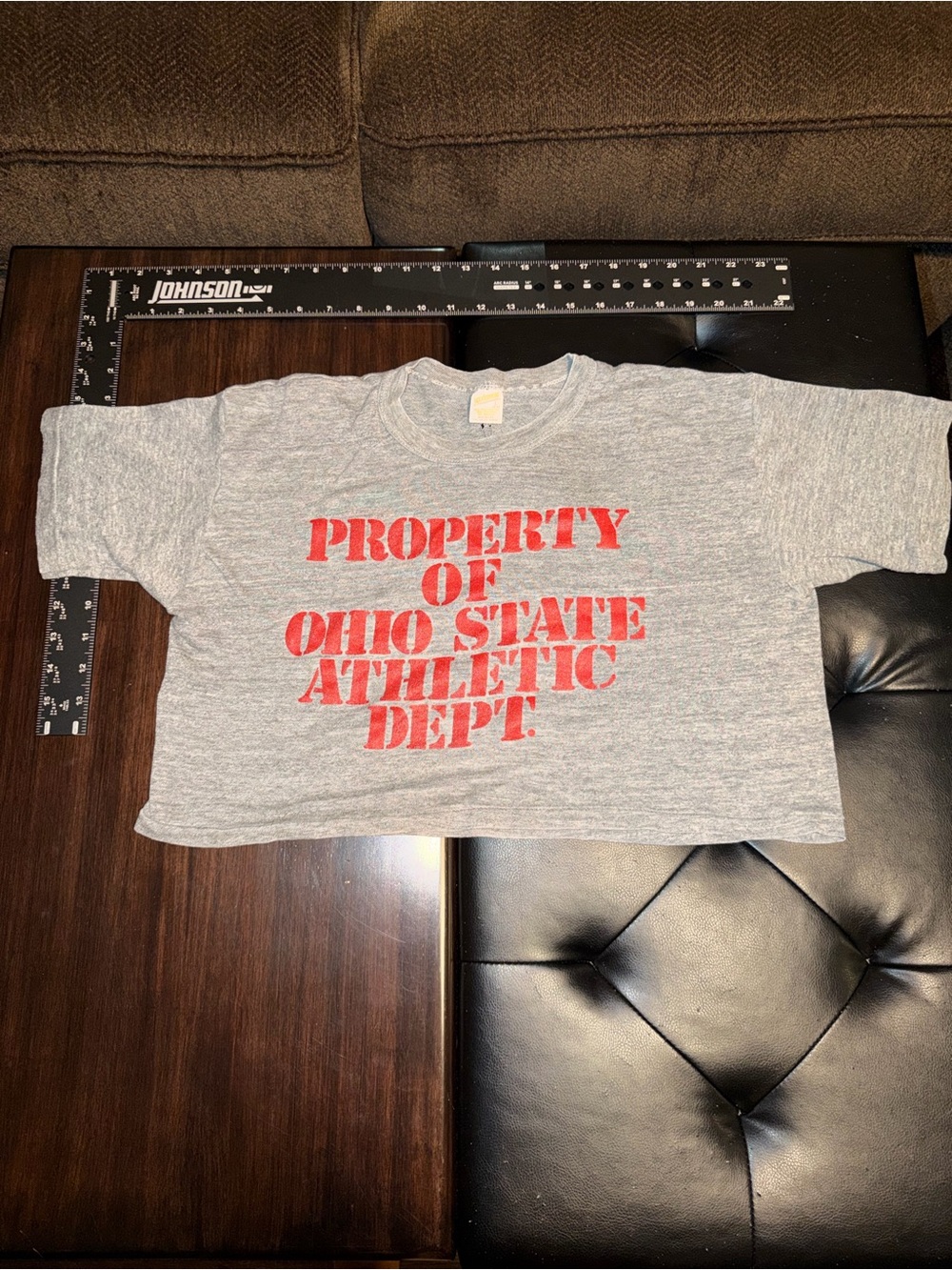 Gray Crop Tee with Red Ohio State Athletic Dept. Print *small hole back